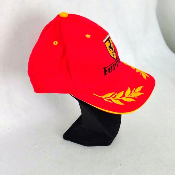 Red Ferrari Embroidered Baseball Cap Hat Gold Emblems Adjustable Hook & Loop - Picture 3 of 7